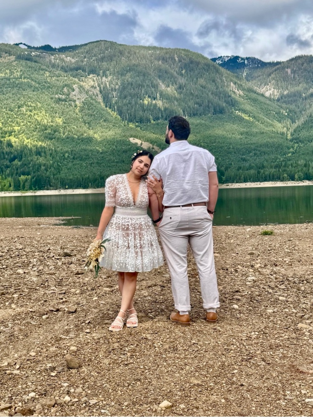 Bronx and Banco White Floral Lace Mini Dress with Crochet Waist